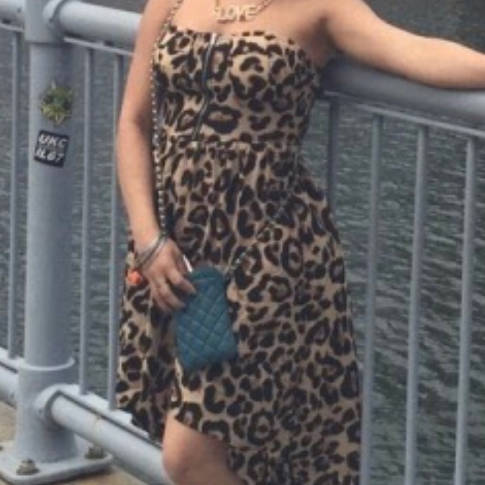 Leopard Print Strapless Smocked Hi-Lo Dress W/ Front Zipper Closure Womens Small - Picture 8 of 14
